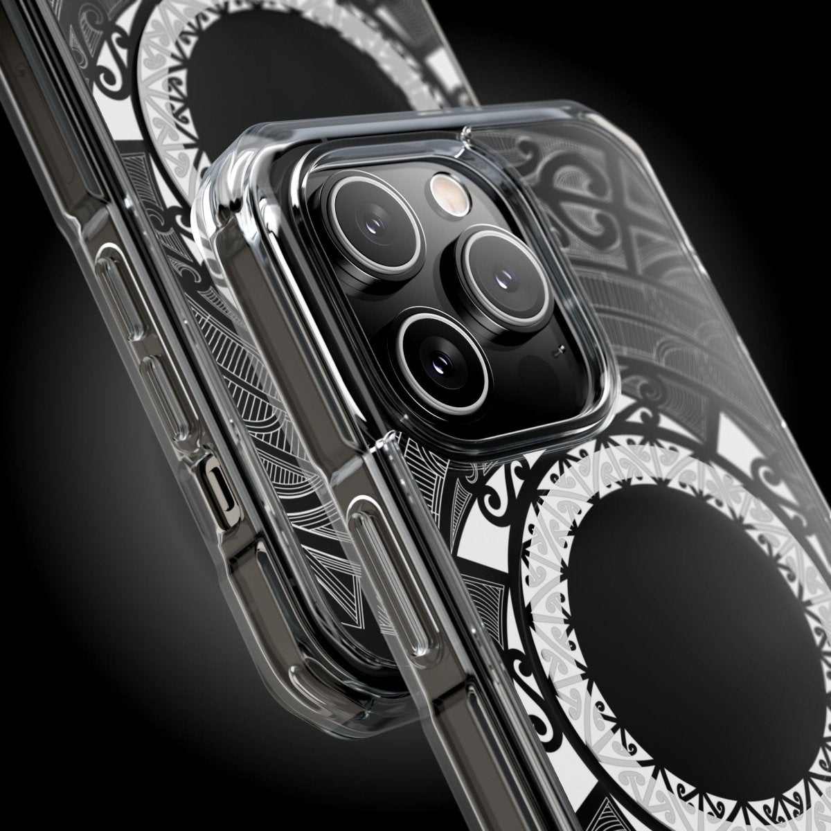 WOYC PasifikaOne MagSafe iPhone clear case featuring Māori design, compatible with iPhone 16, transparent and protective.