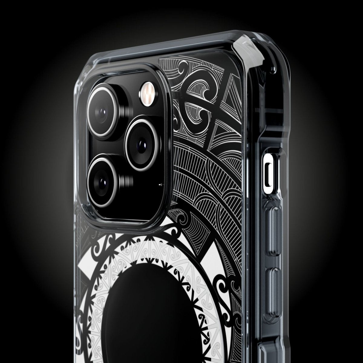 WOYC PasifikaOne MagSafe clear case for iPhone 16 featuring Māori design, transparent protective cover with MagSafe compatibility.