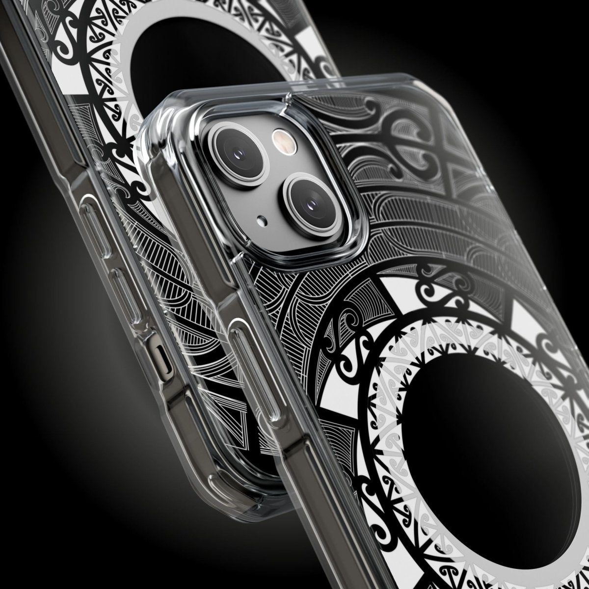 WOYC PasifikaOne MagSafe clear case for iPhone 16, featuring Māori design, transparent protective Magsafe case for AU, NZ, and US.