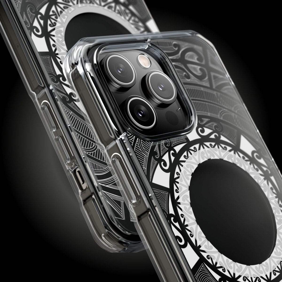 WOYC PasifikaOne MagSafe clear case for iPhone 16 with Māori design, transparent protective cover for MagSafe-enabled iPhones.