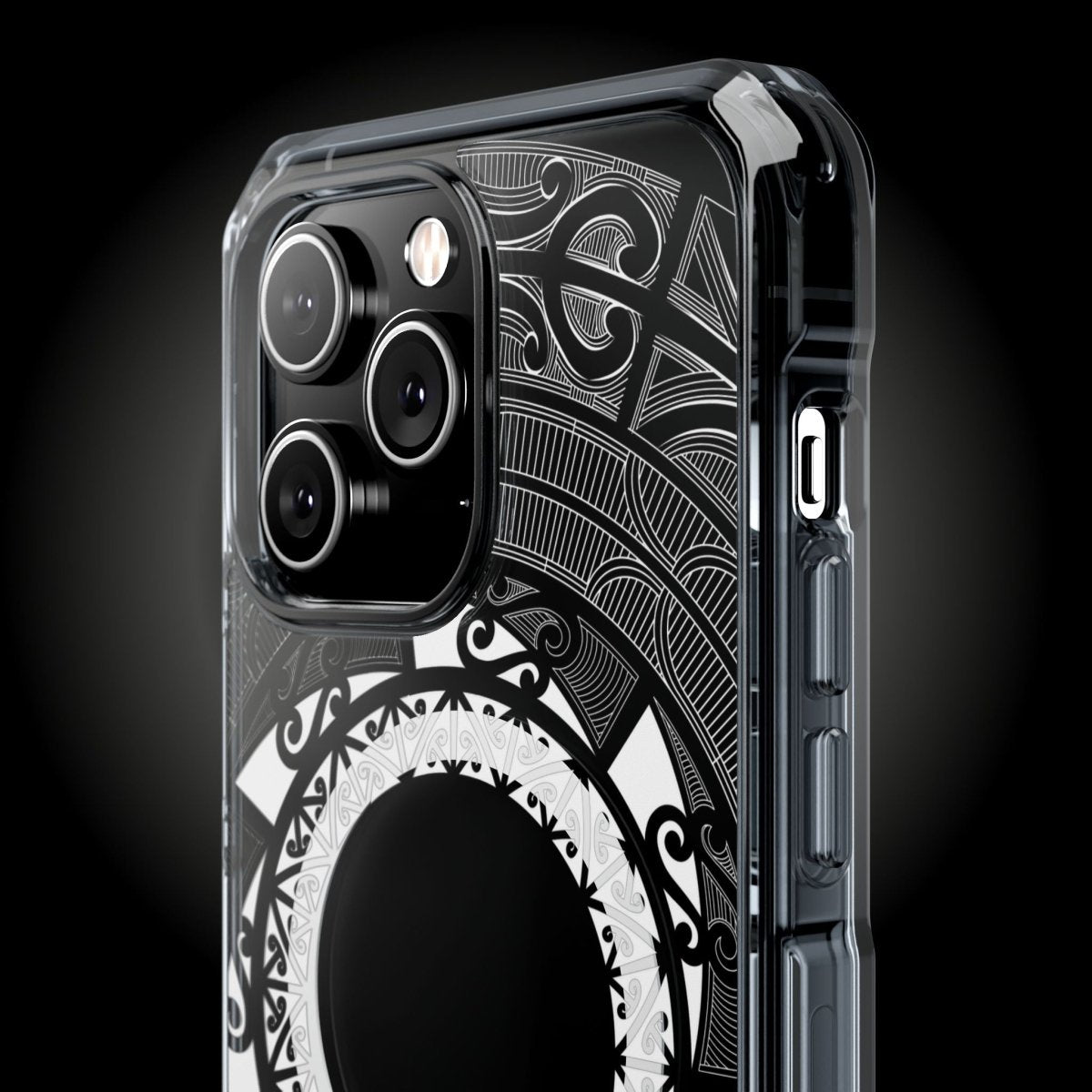 WOYC PasifikaOne MagSafe clear case for iPhone 16 featuring Māori design, transparent protective cover with MagSafe compatibility.