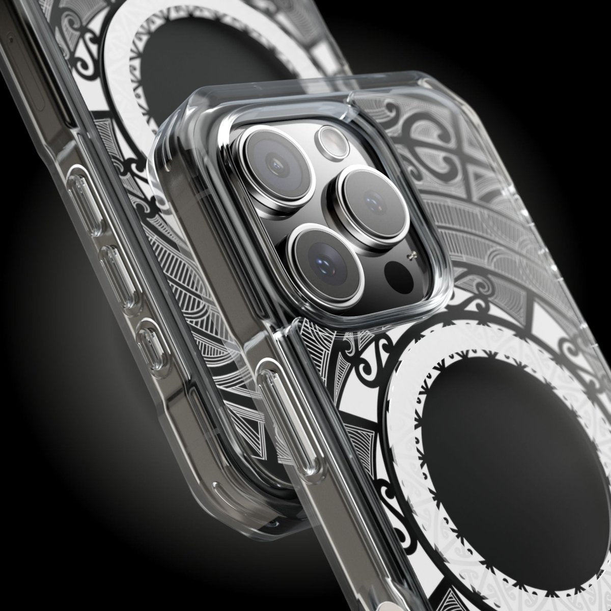 WOYC PasifikaOne MagSafe clear case for iPhone 16 featuring Māori-inspired design, transparent protective cover, compatible with MagSafe.