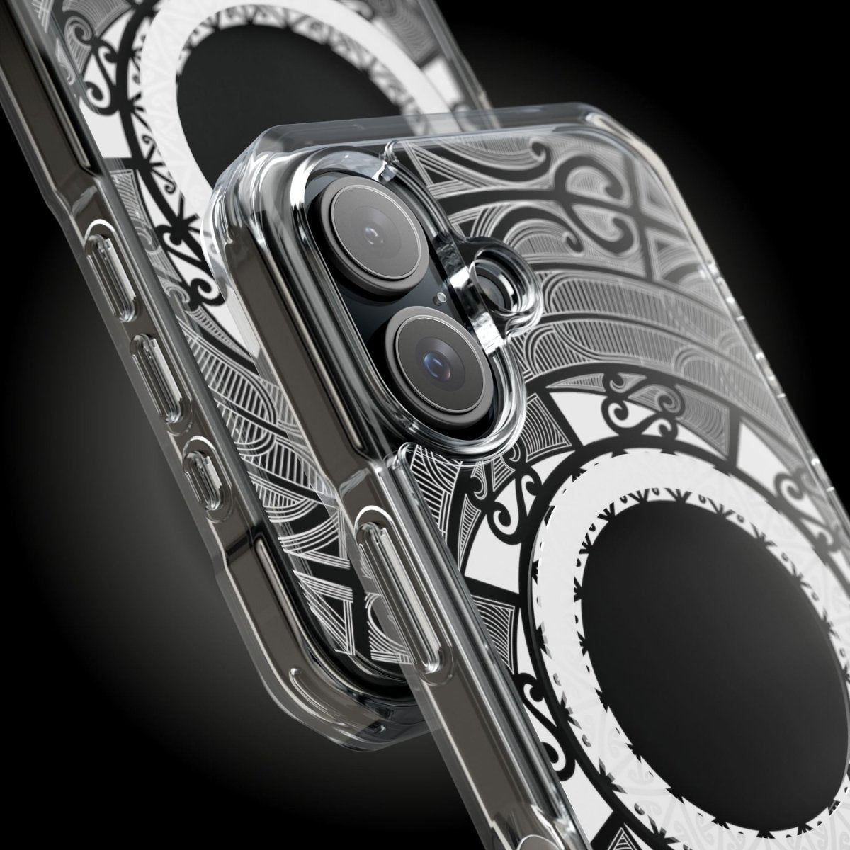 WOYC PasifikaOne MagSafe clear case for iPhone 16 featuring Māori design, transparent protective cover for MagSafe compatibility.