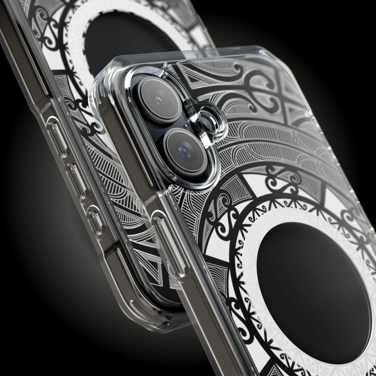 WOYC PasifikaOne MagSafe clear case for iPhone 16, featuring Māori design, transparent protection, and magnetic compatibility.