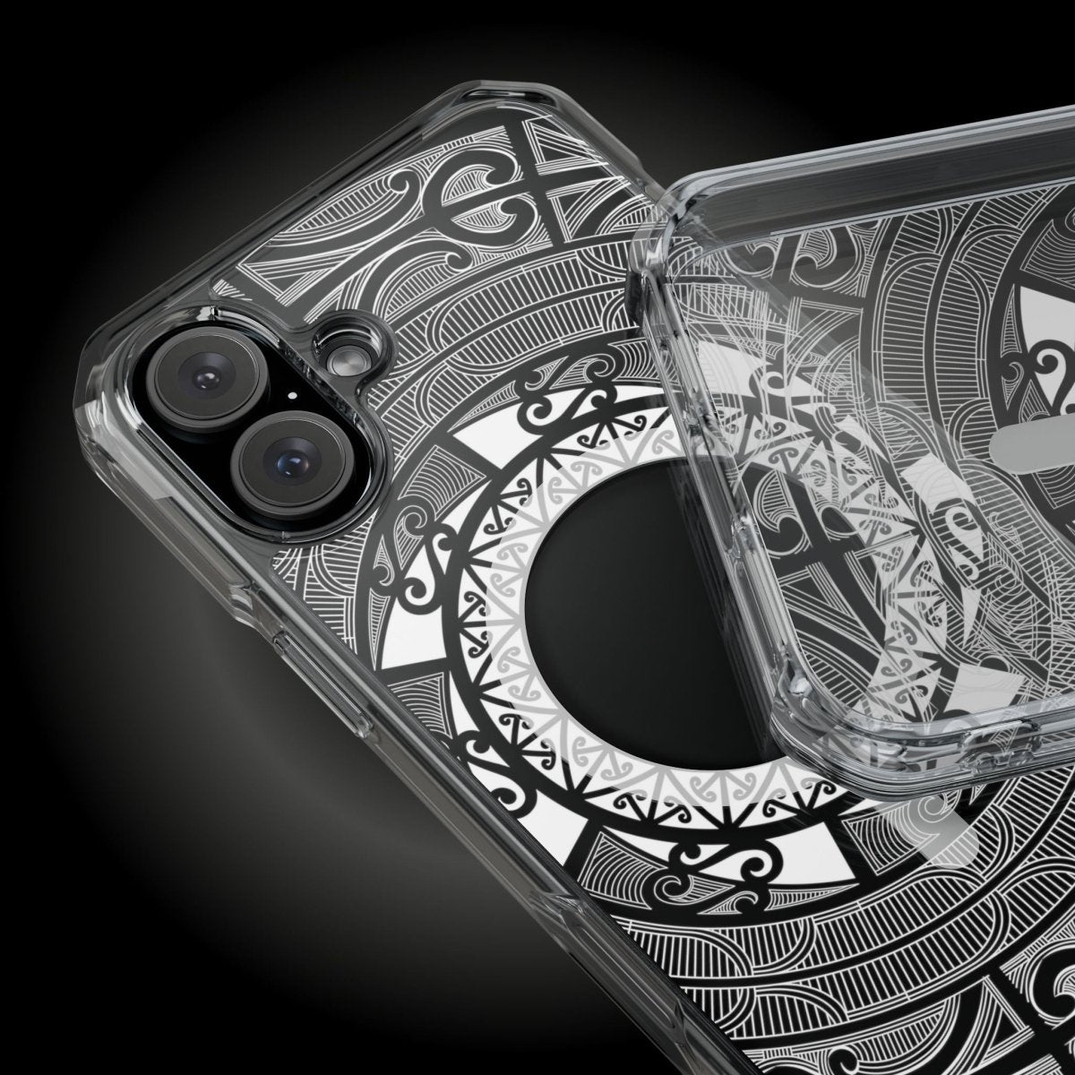 WOYC PasifikaOne MagSafe clear case for iPhone 16 featuring Māori designs, transparent protective cover with magnetic clasp.