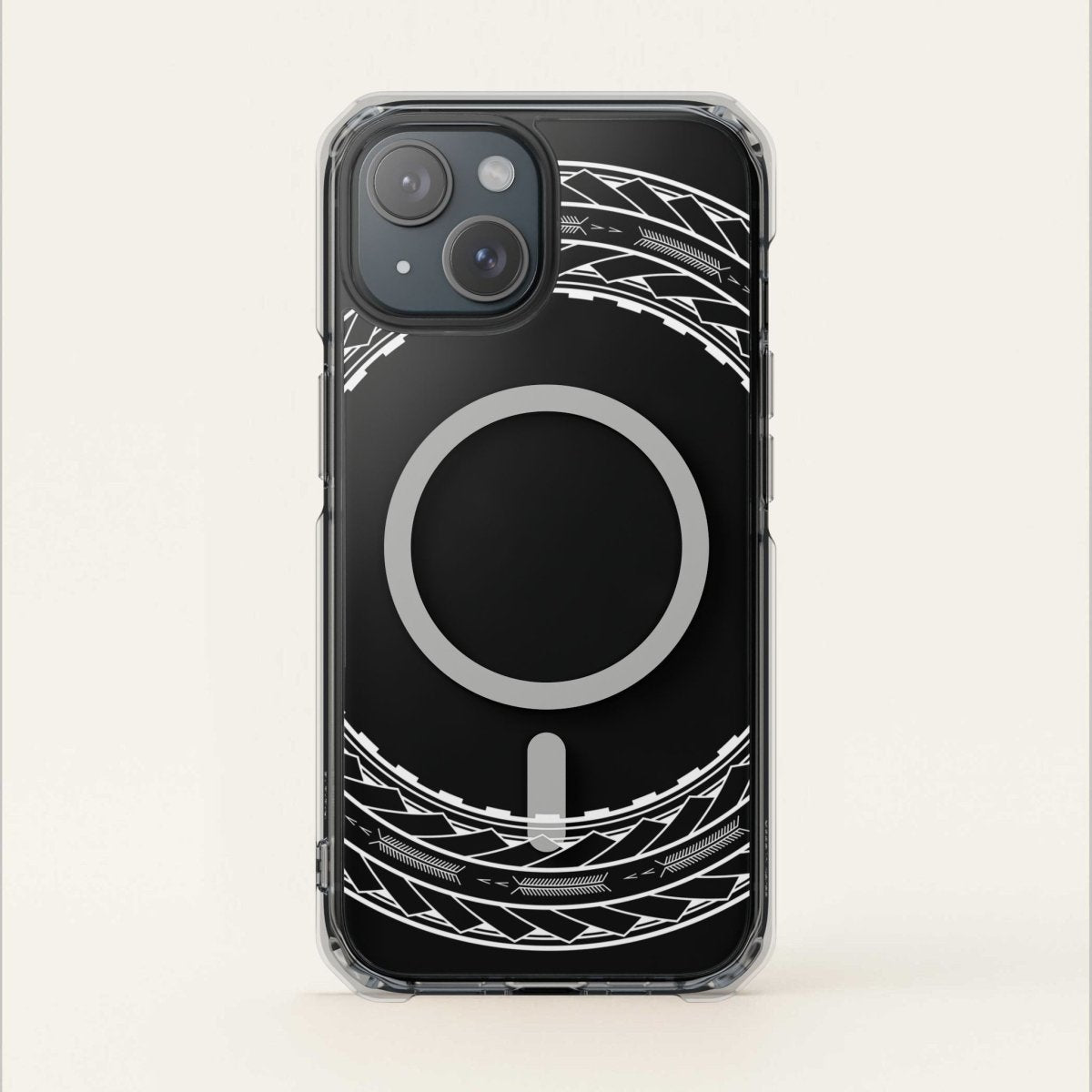PasifikaOne MagSafe clear case for iPhone 16 featuring Samoan Arrows design, transparent protective phone cover.