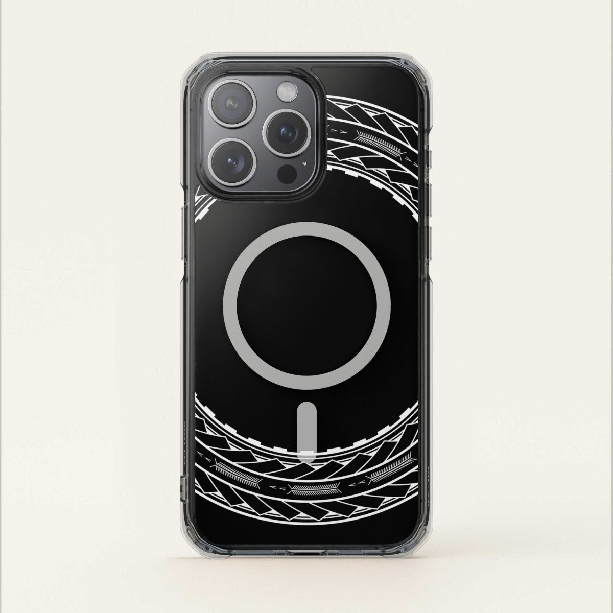 PasifikaOne MagSafe clear case for iPhone 16 featuring Samoan Arrows design, transparent protective phone cover.