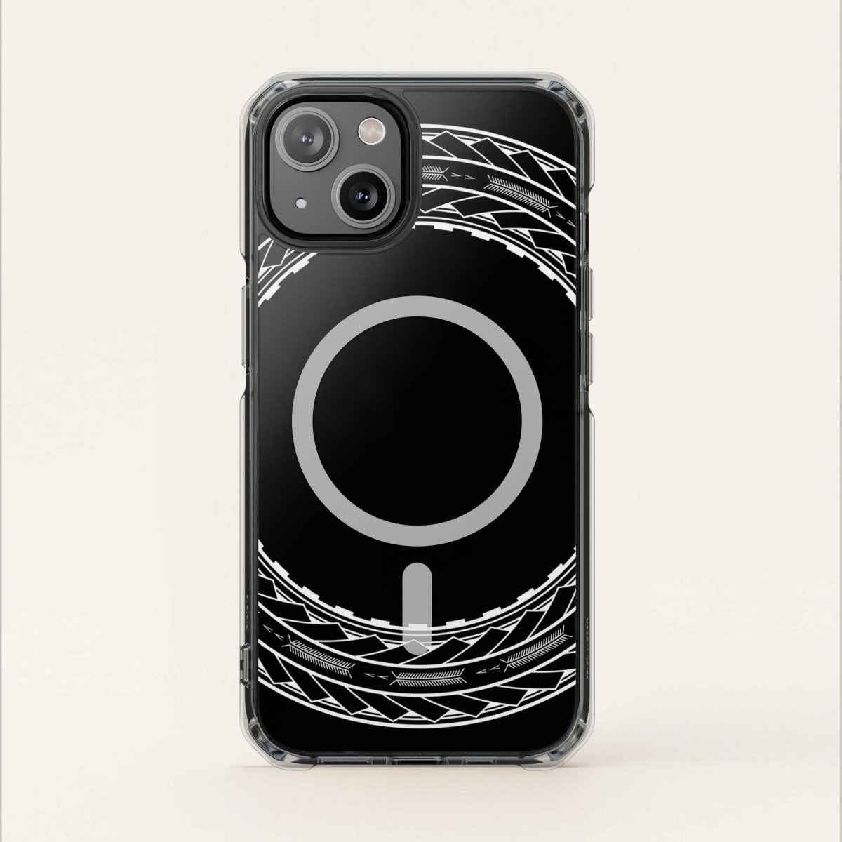 PasifikaOne MagSafe clear case for iPhone 16 featuring Samoan Arrows design, durable transparent cover with magnetic compatibility