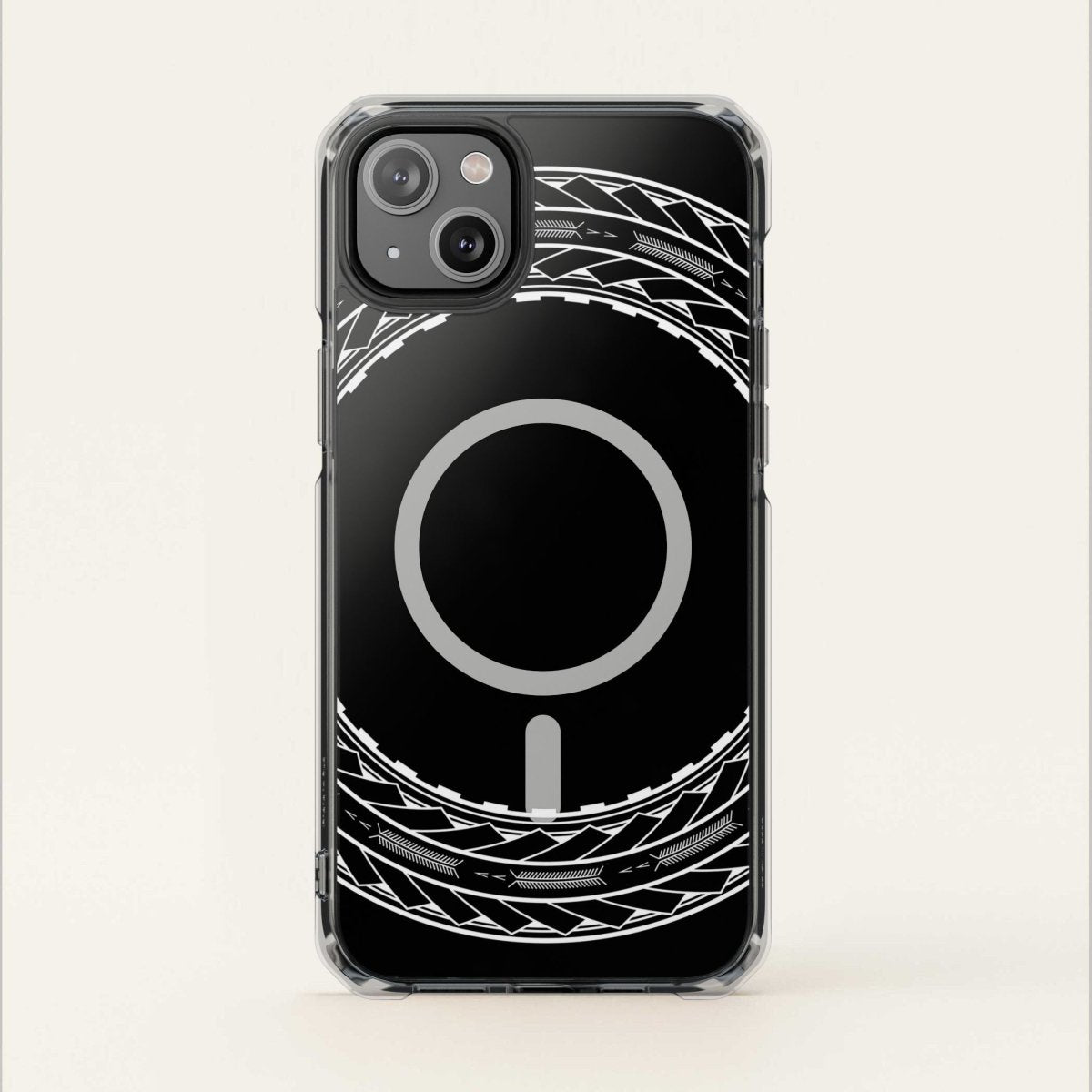 PasifikaOne MagSafe clear case for iPhone 16 with Samoan Arrows design, transparent protective case for Magsafe compatibility.