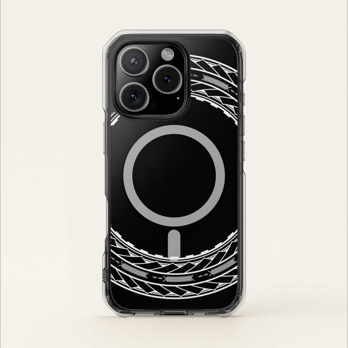 PasifikaOne MagSafe clear case for iPhone 16 with Samoan Arrows design, transparent protective phone cover.