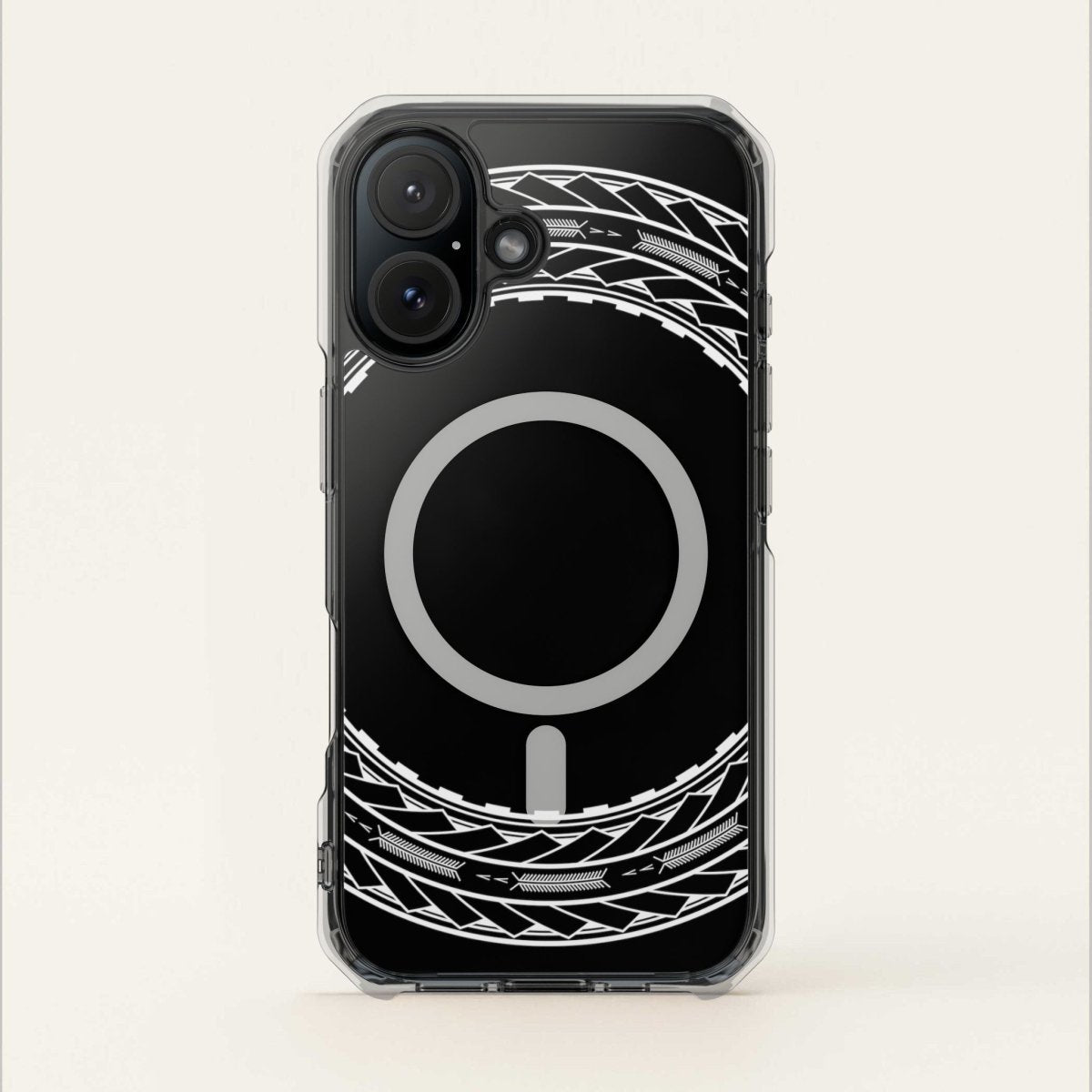 PasifikaOne MagSafe iPhone clear case with Samoan arrows design, compatible with iPhone 16, AU/NZ/USA versions.