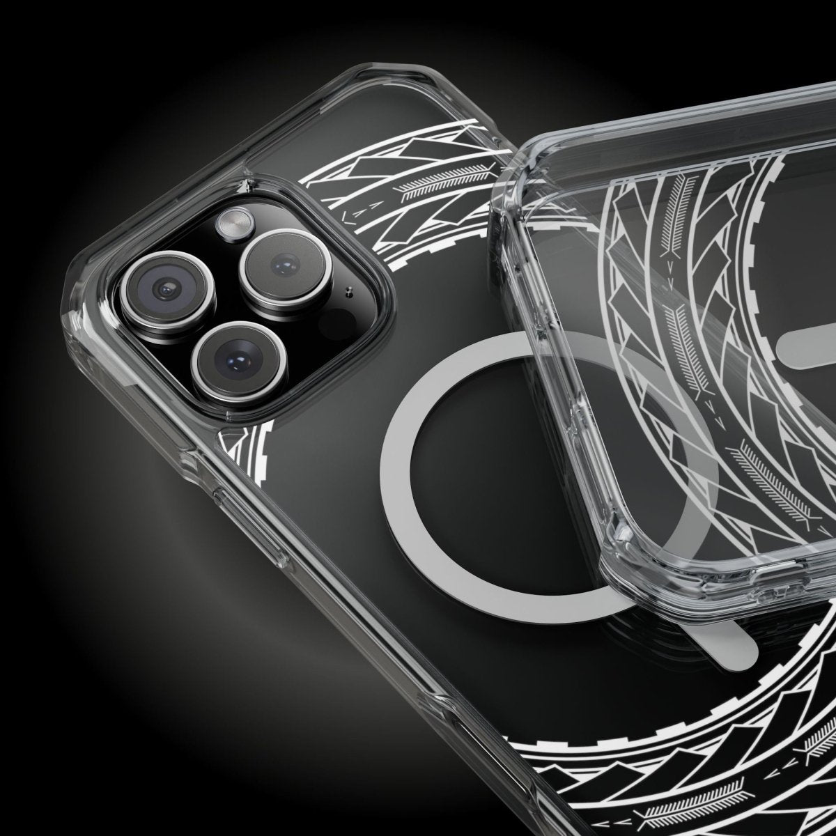 PasifikaOne MagSafe clear case for iPhone 16 with Samoan Arrows design, showcasing a transparent protective cover with cultural patterns.