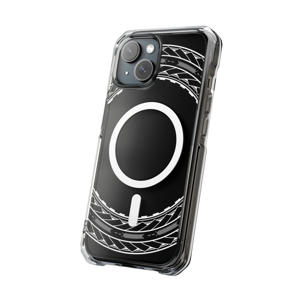 MagSafe clear case for iPhone 16 featuring Samoan Arrows design, showcasing a transparent protective cover.