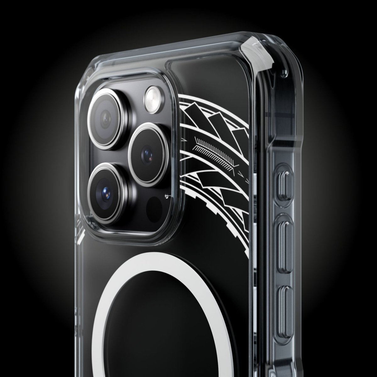 PasifikaOne MagSafe clear case for iPhone 16 featuring Samoan Arrows design, transparent and protective phone cover.