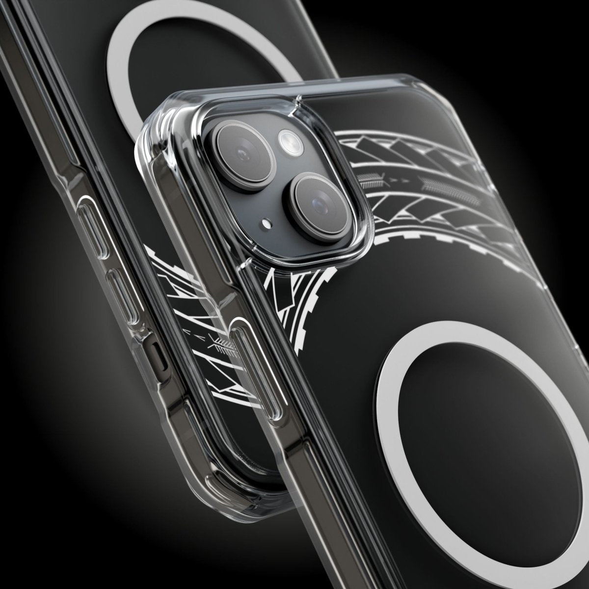 PasifikaOne MagSafe clear case for iPhone 16 featuring Samoan Arrows design, transparent protective cover.