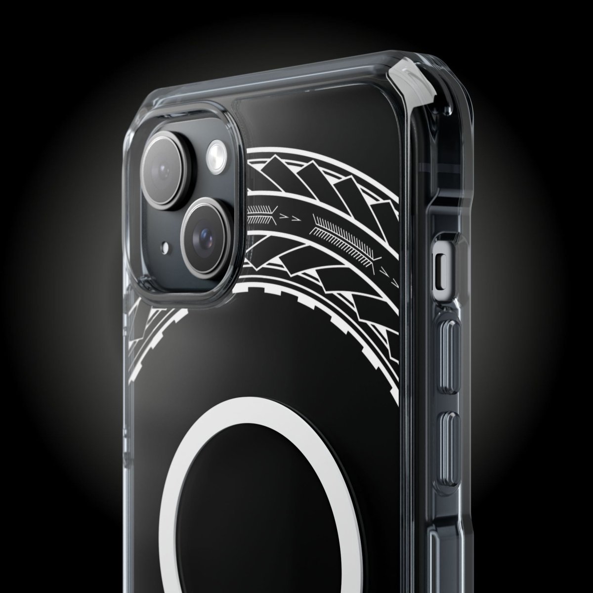 PasifikaOne MagSafe clear case for iPhone 16 featuring Samoan Arrows design, transparent protective cover.