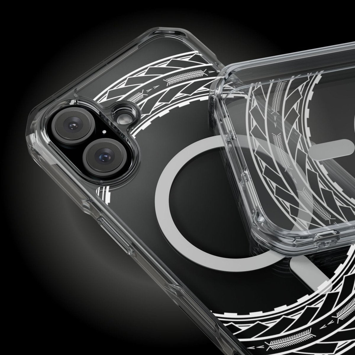 WOYC PasifikaOne MagSafe clear case for iPhone 16 featuring Samoan Arrows design, transparent protective Magsafe case.