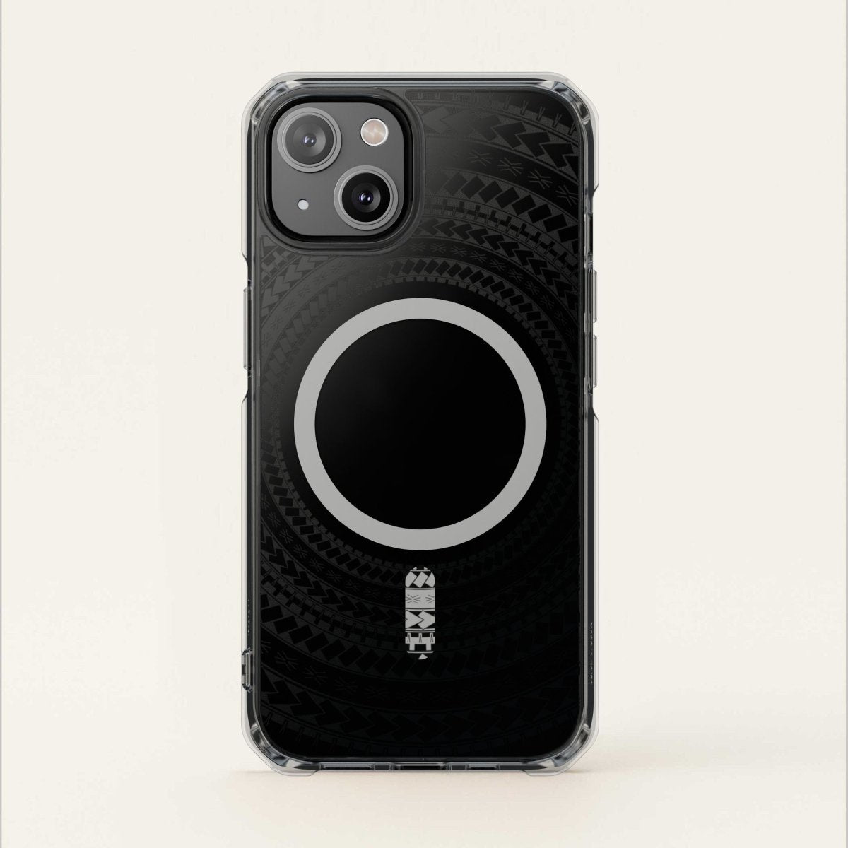 PasifikaOne MagSafe clear case for iPhone 16 in Samoan Black, featuring transparent design and MagSafe compatibility.