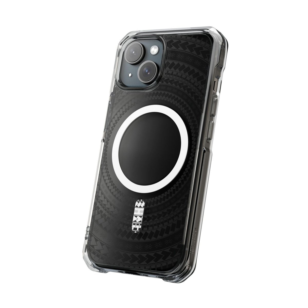 PasifikaOne MagSafe clear case for iPhone 16 in Samoan Black, featuring transparent design and magnetic compatibility.