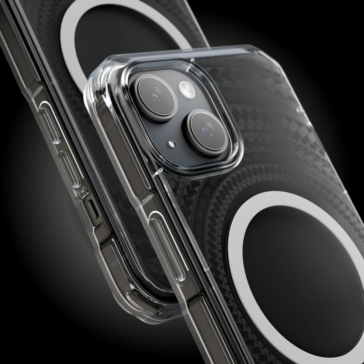PasifikaOne MagSafe clear case for iPhone 16 in Samoan Black, transparent protective cover with MagSafe compatibility.