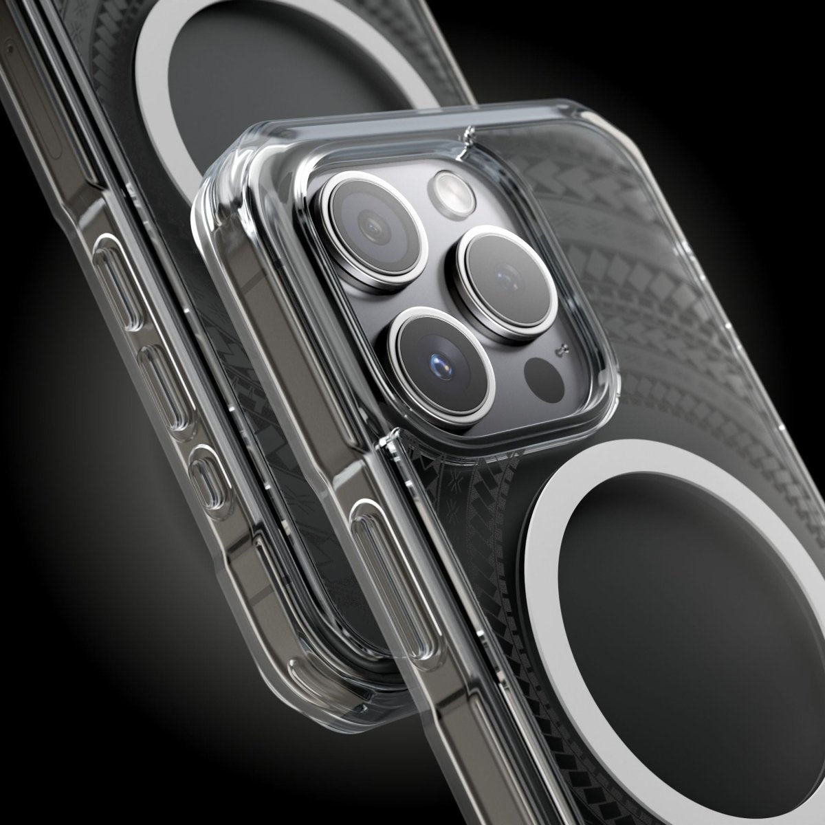 PasifikaOne MagSafe clear case for iPhone 16 featuring Samoan black design, compatible with AU, NZ, and USA models.