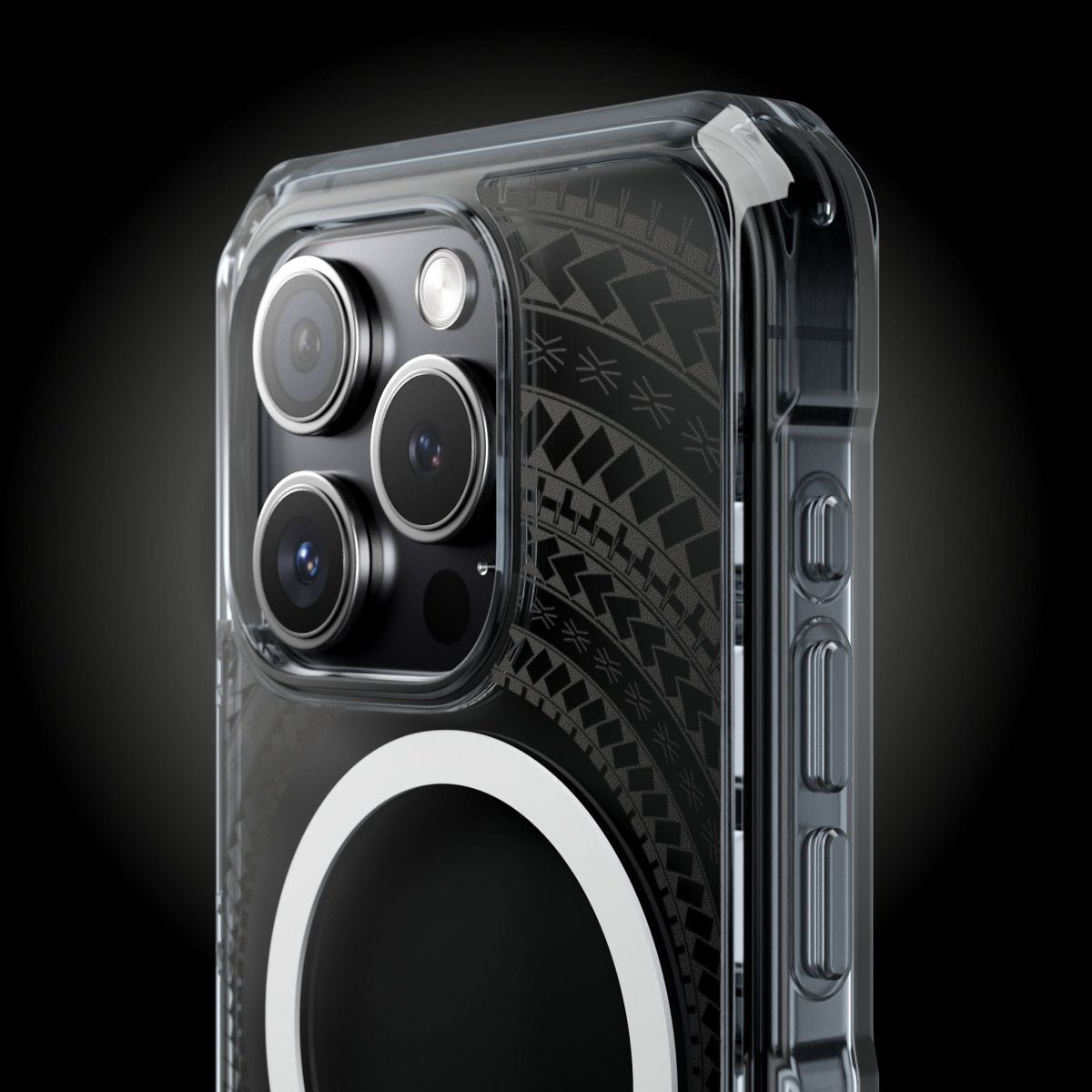 PasifikaOne MagSafe iPhone clear case in Samoan Black, designed for iPhone 16 with transparent protective cover.
