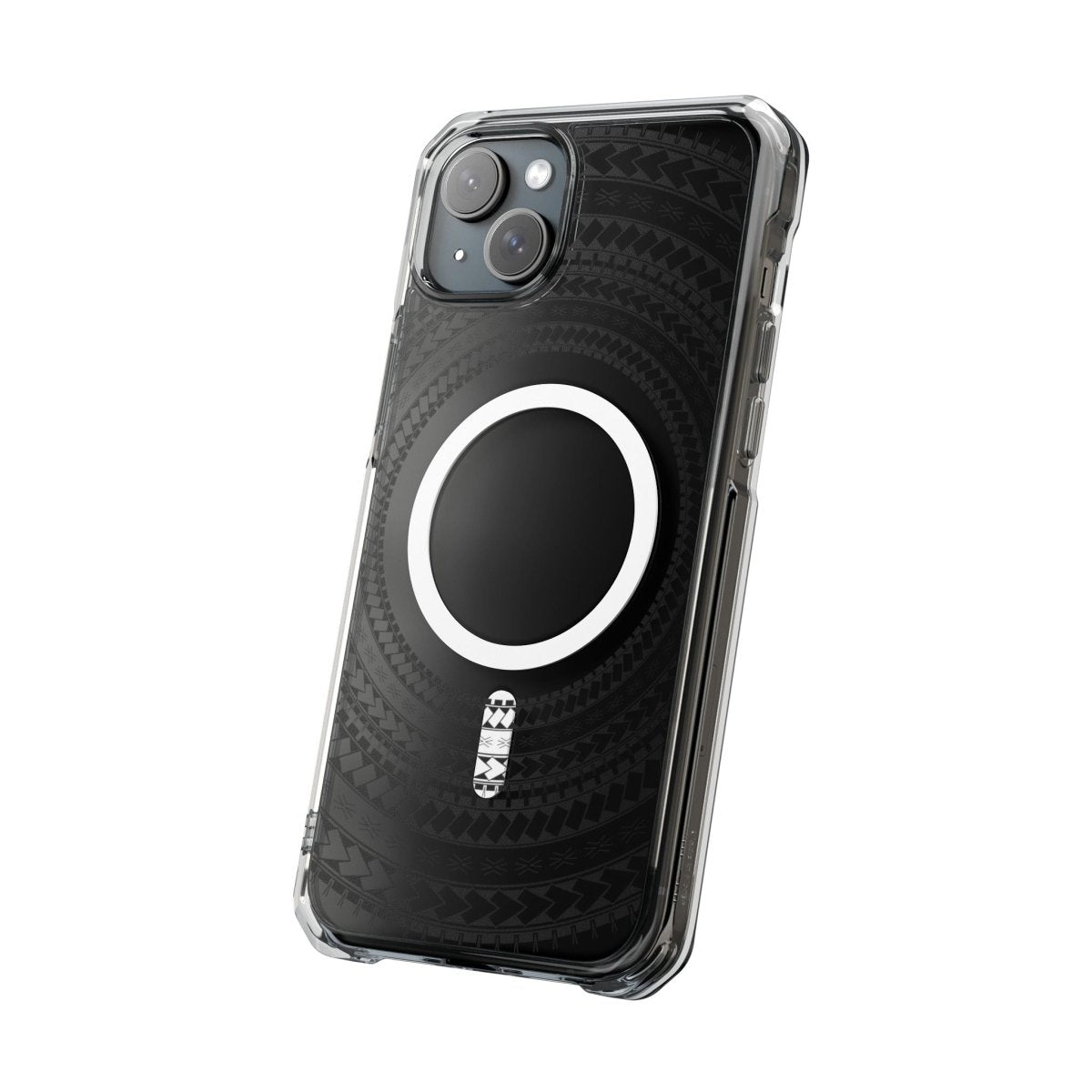 PasifikaOne MagSafe clear case for iPhone 16 in Samoan Black, showing transparent design and MagSafe compatibility.