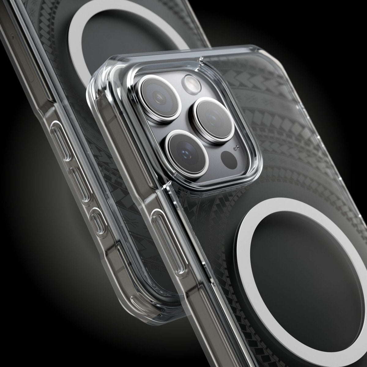 PasifikaOne MagSafe clear case for iPhone 16 in Samoan Black, transparent protective cover with MagSafe compatibility.
