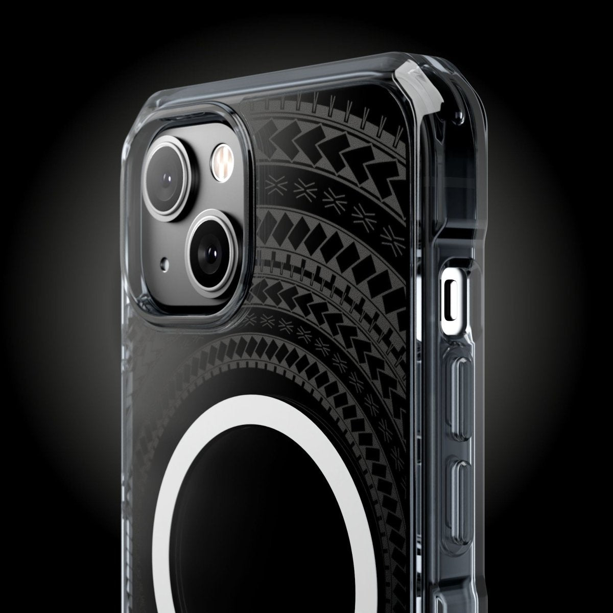 WOYC PasifikaOne MagSafe clear case for iPhone 16 in Samoan Black, showcasing a sleek transparent design with black accents.