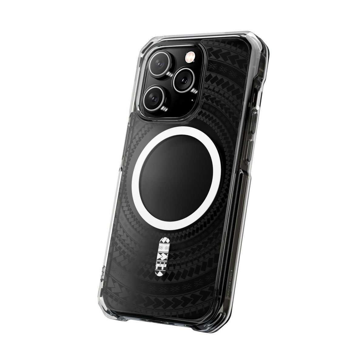 WOYC PasifikaOne MagSafe clear case for iPhone 16, featuring Samoan black design, transparent protective cover with MagSafe compatibility.