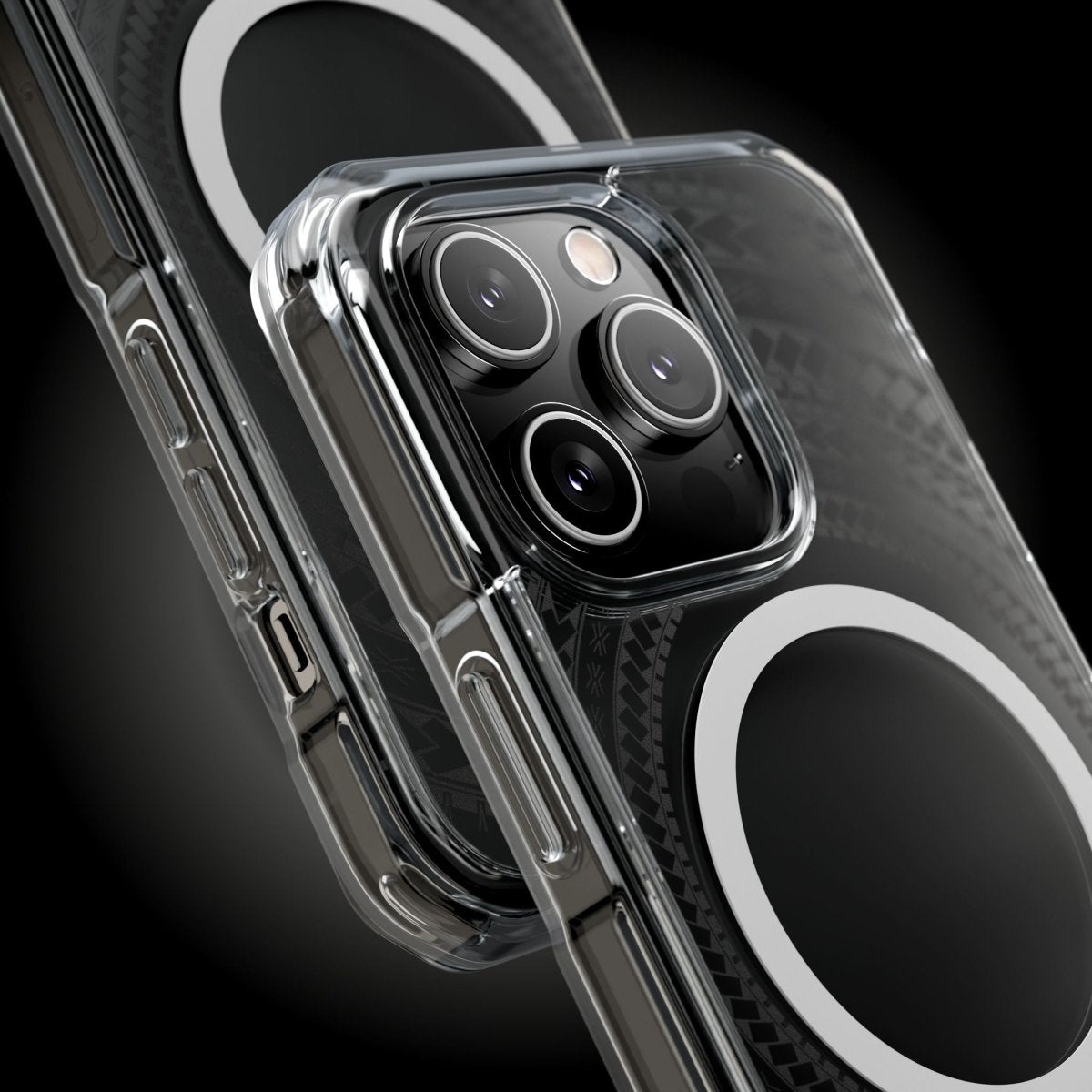 WOYC PasifikaOne MagSafe clear case for iPhone 16 in Samoan Black, showcasing slim transparent protective design.