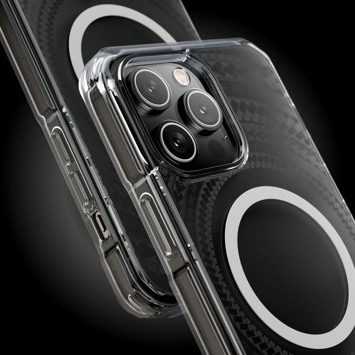 WOYC PasifikaOne MagSafe clear case for iPhone 16 in Samoan Black, showcasing a sleek transparent design and MagSafe compatibility.
