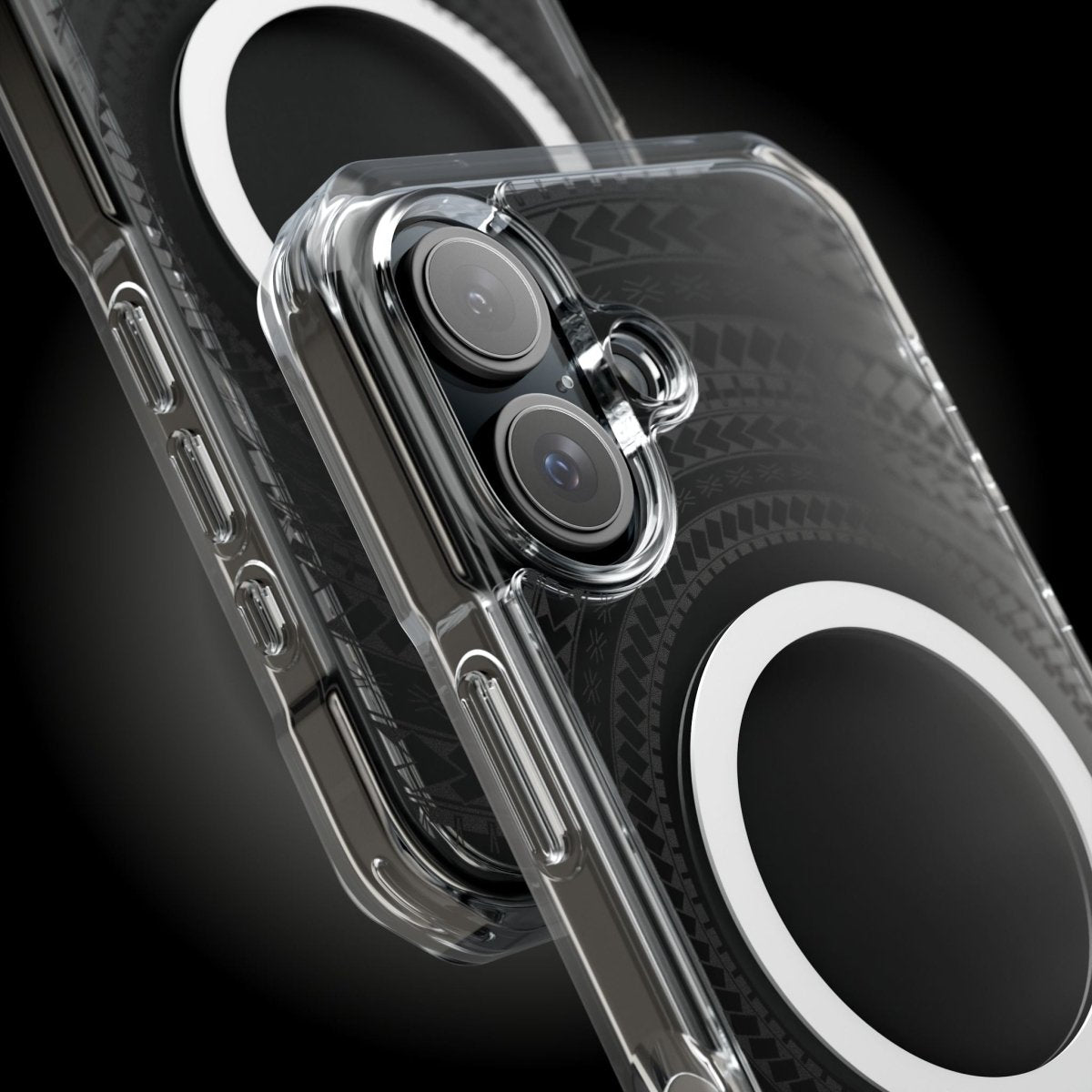 WOYC PasifikaOne MagSafe clear case for iPhone 16 in Samoan Black, showcasing a sleek transparent design with black accents.