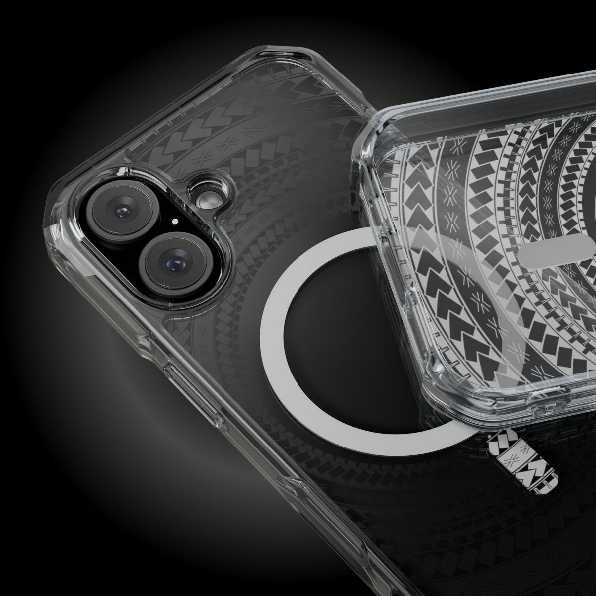 WOYC PasifikaOne MagSafe clear case for iPhone 16 in Samoan Black, featuring a transparent design and MagSafe compatibility.