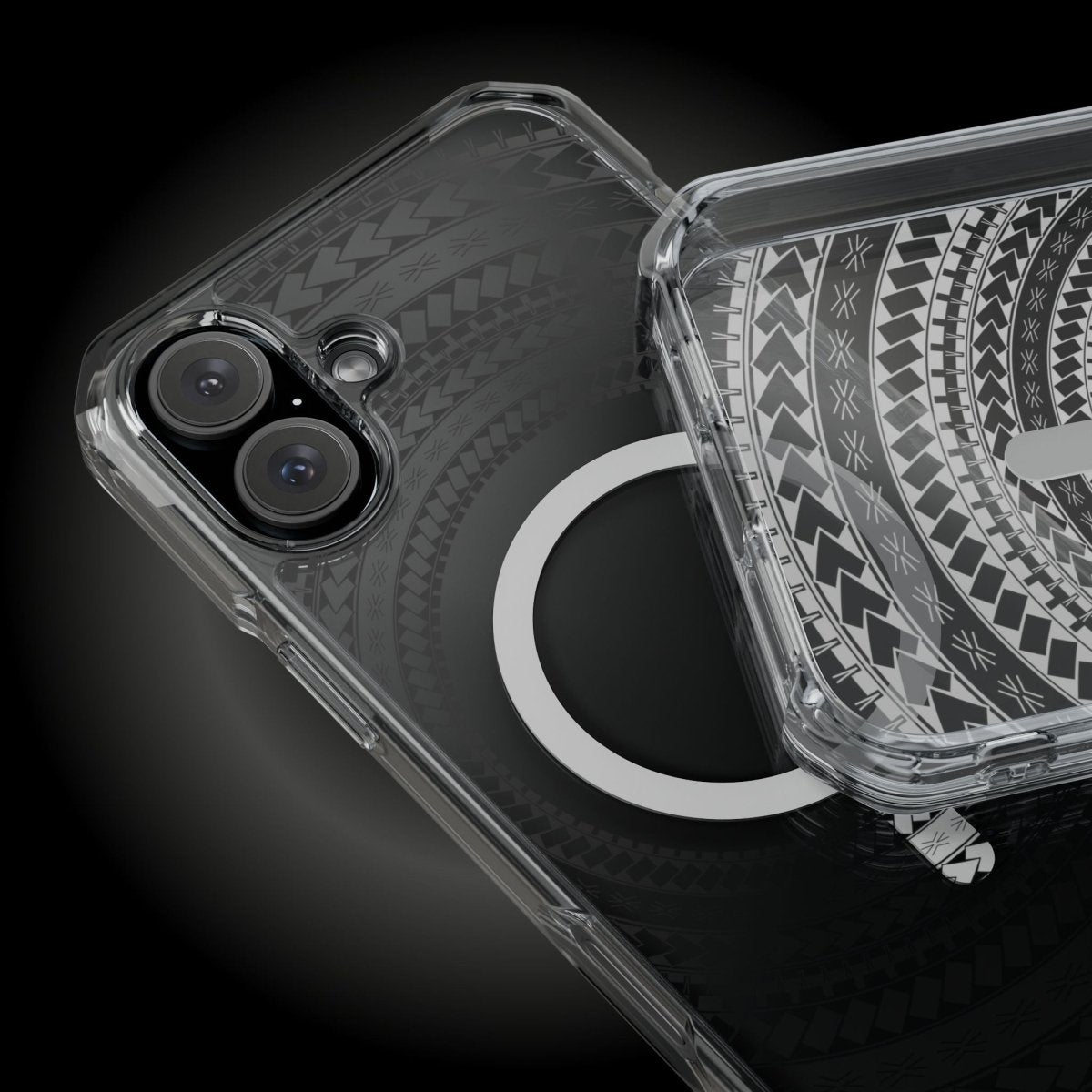 WOYC PasifikaOne MagSafe clear case for iPhone 16 in Samoan Black, transparent design, compatible with AU, NZ, and USA regions.