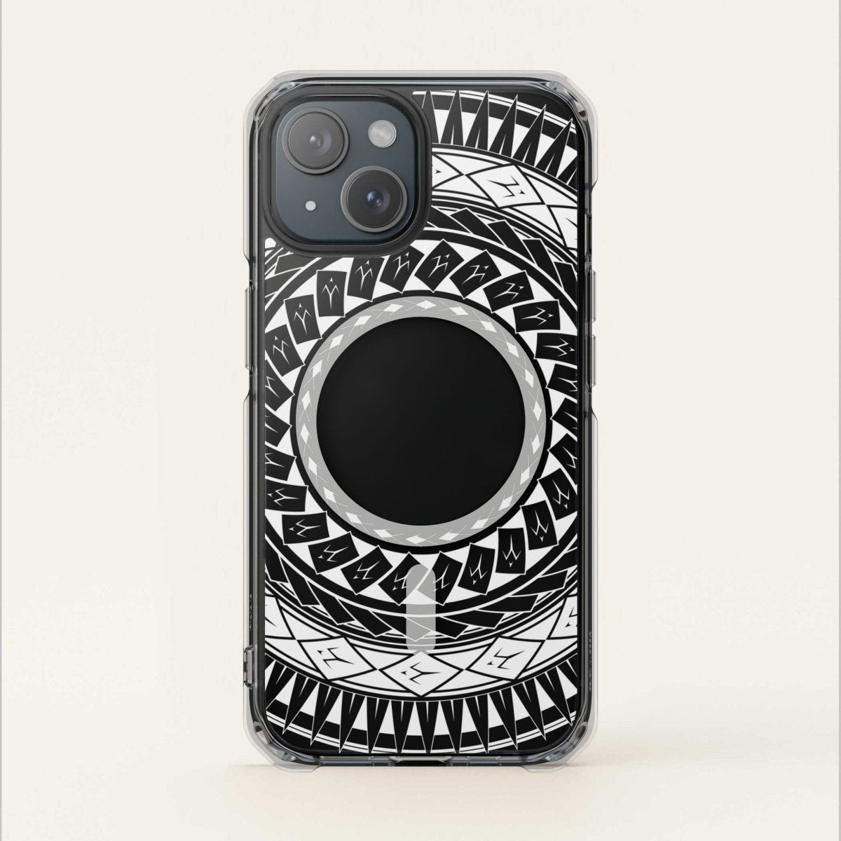 PasifikaOne MagSafe clear case for iPhone 16 featuring Samoan spear design, transparent Magsafe protective cover.