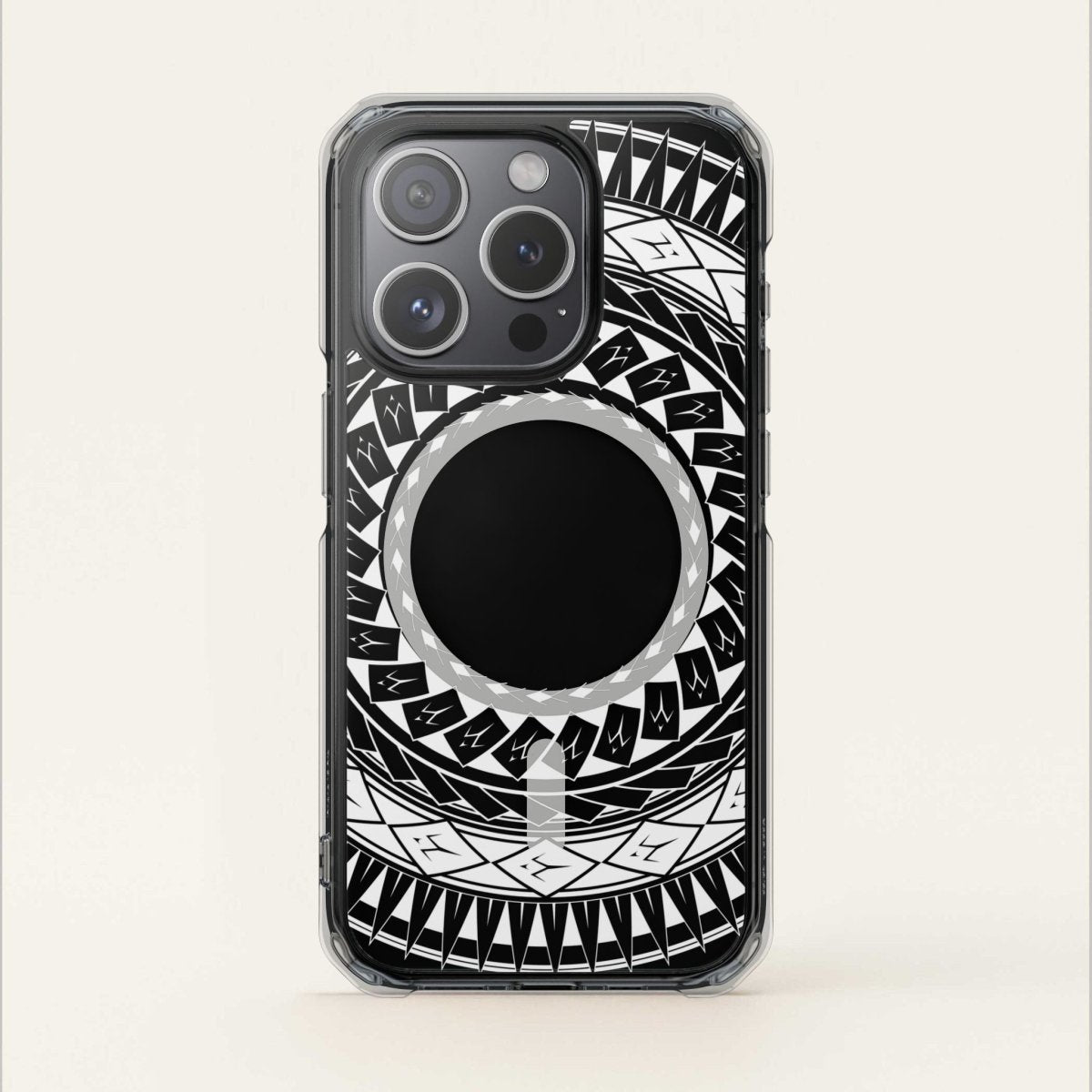 PasifikaOne MagSafe clear case for iPhone 16 with Samoan spear design, showcasing transparent protective cover.