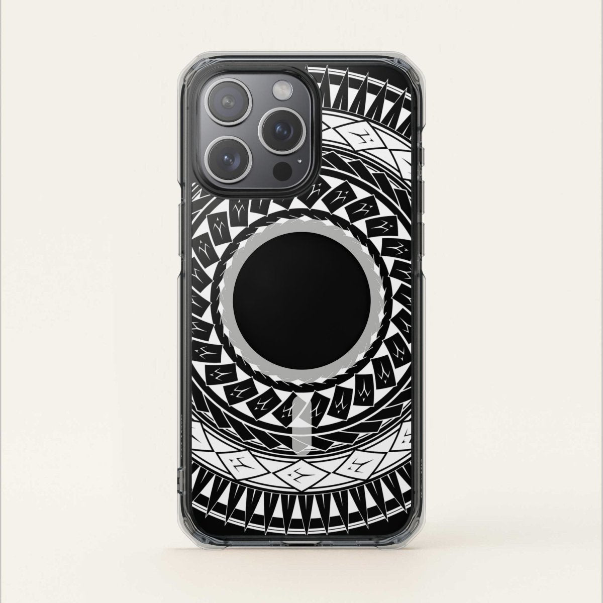 PasifikaOne MagSafe clear case for iPhone 16 featuring Samoan spear design, transparent protective Magsafe case.