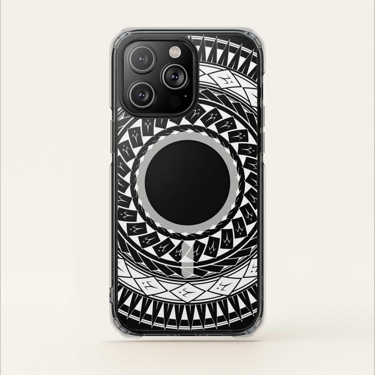 PasifikaOne MagSafe clear case for iPhone 16 featuring Samoan spear design, transparent protective Magsafe phone cover.