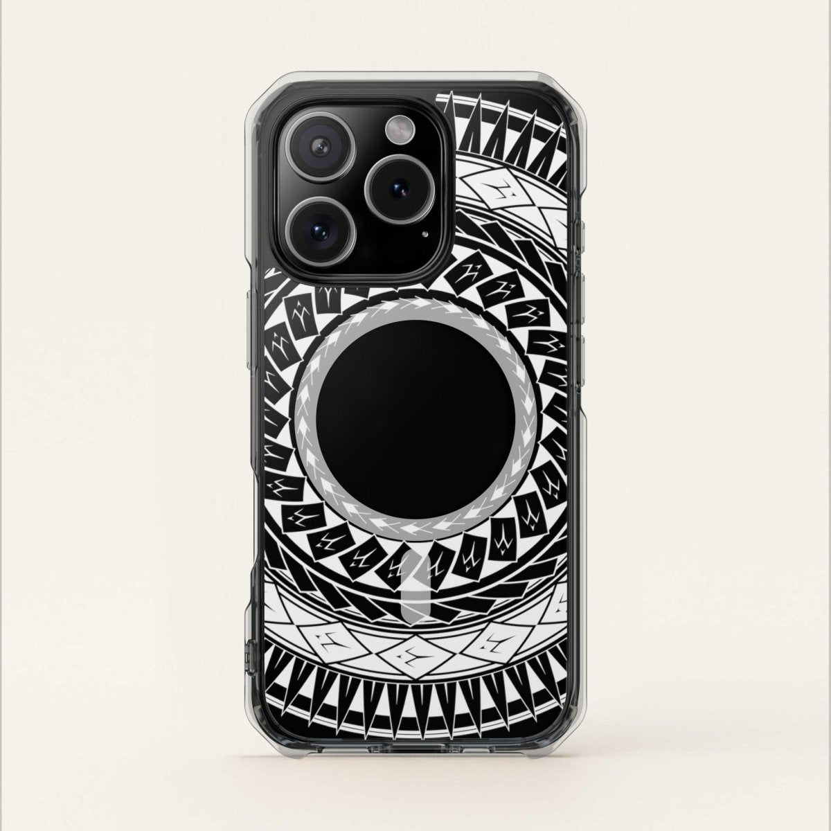 PasifikaOne MagSafe clear case for iPhone 16 featuring Samoan spear design, durable transparent Magsafe case for AU, NZ, and US.