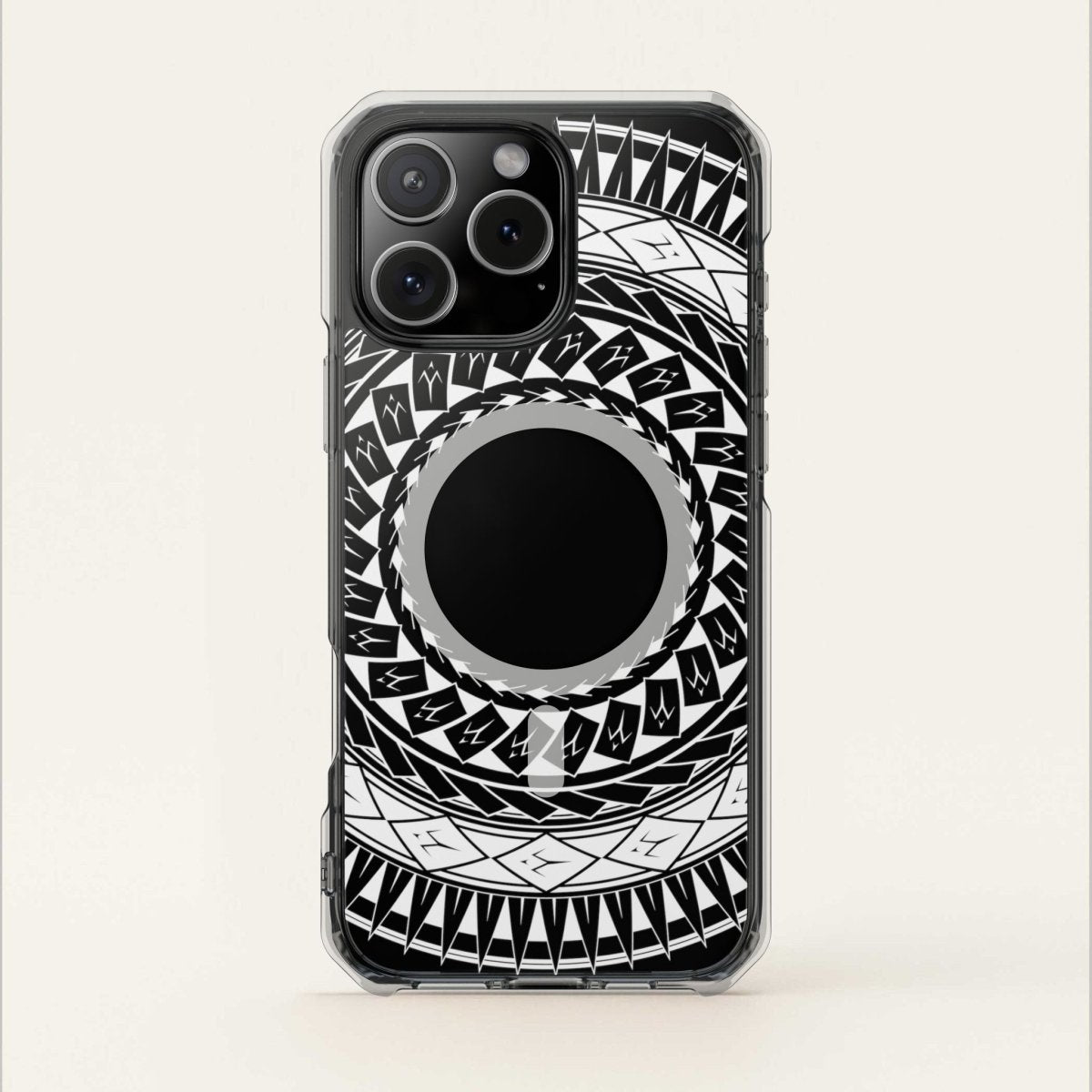 PasifikaOne MagSafe clear case for iPhone 16 with Samoan spear design, showcasing a transparent protective cover.