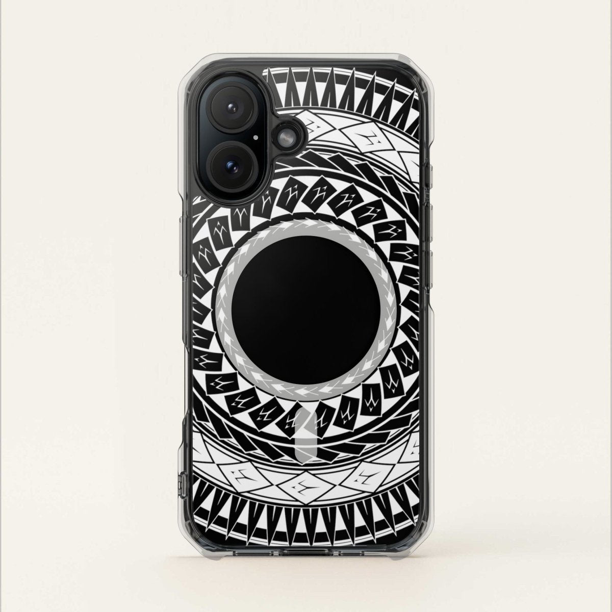 PasifikaOne MagSafe clear case for iPhone 16 featuring Samoan spear design, transparent protective Magsafe case.