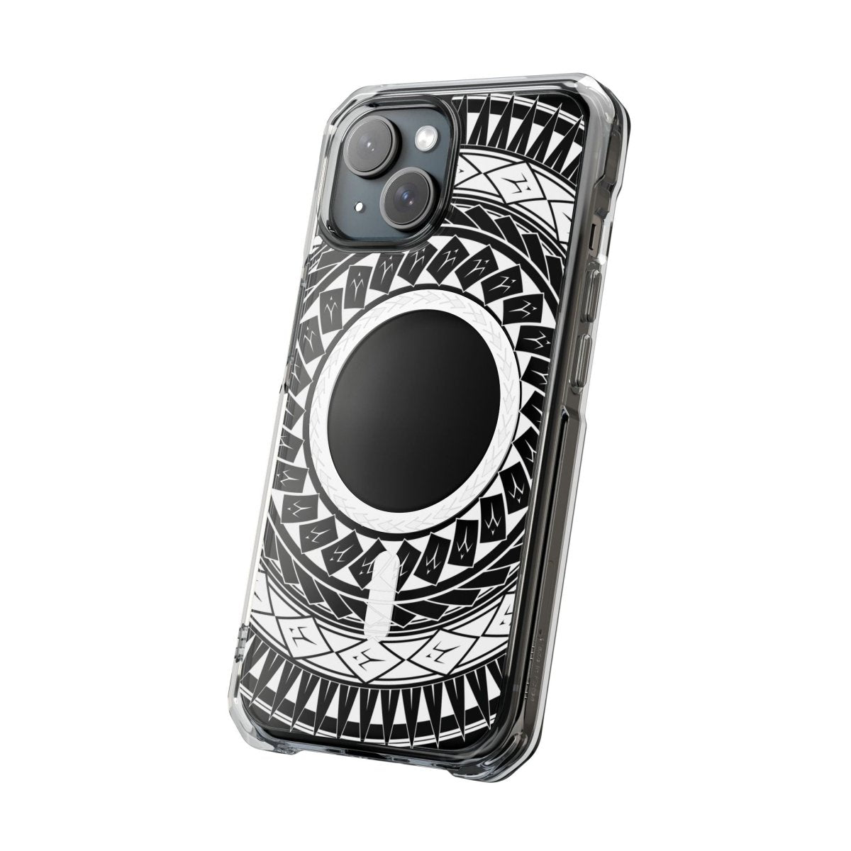 PasifikaOne MagSafe clear case for iPhone 16 with Samoan spear design, showcasing a transparent protective phone cover.