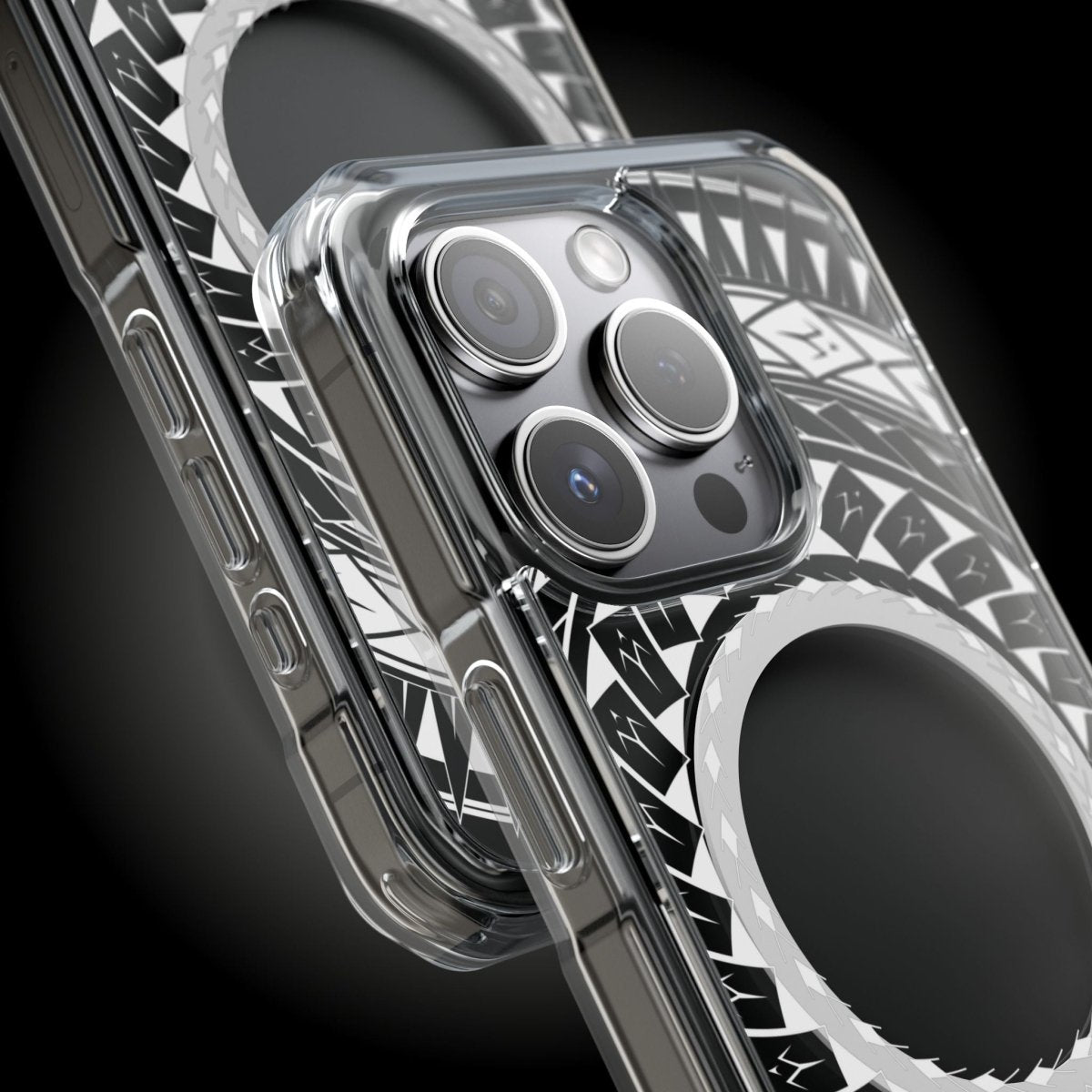 PasifikaOne MagSafe clear case for iPhone 16 featuring a Samoan spear design, transparent protective cover.