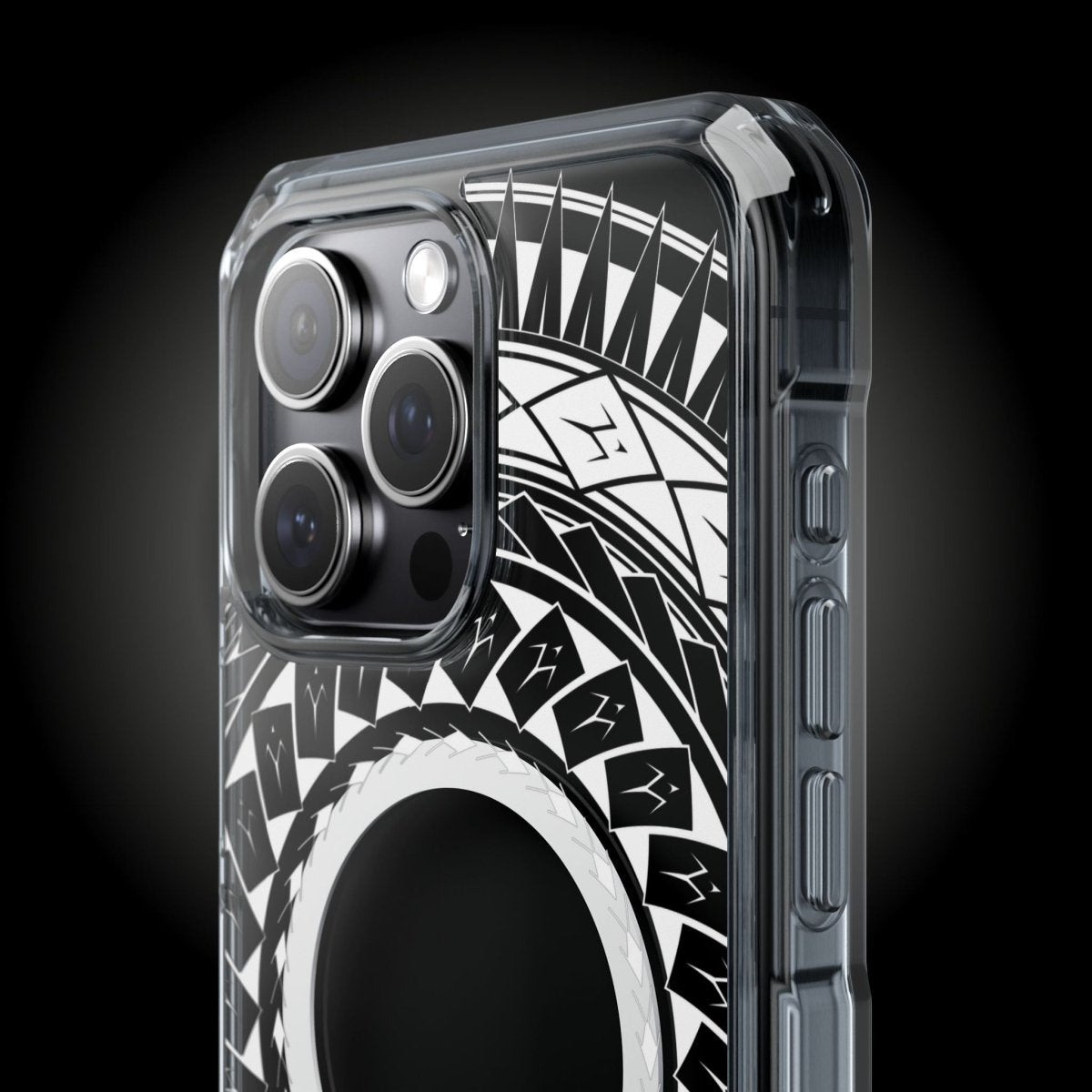PasifikaOne MagSafe clear case for iPhone 16 with Samoan spear design, featuring transparent material and MagSafe compatibility