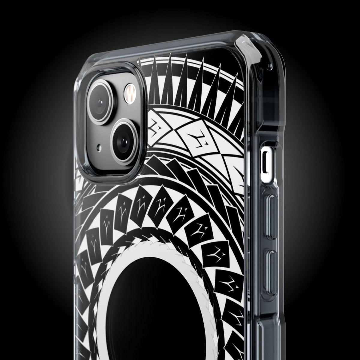 WOYC PasifikaOne MagSafe clear case for iPhone 16 with Samoan spear design, transparent and protective phone cover.