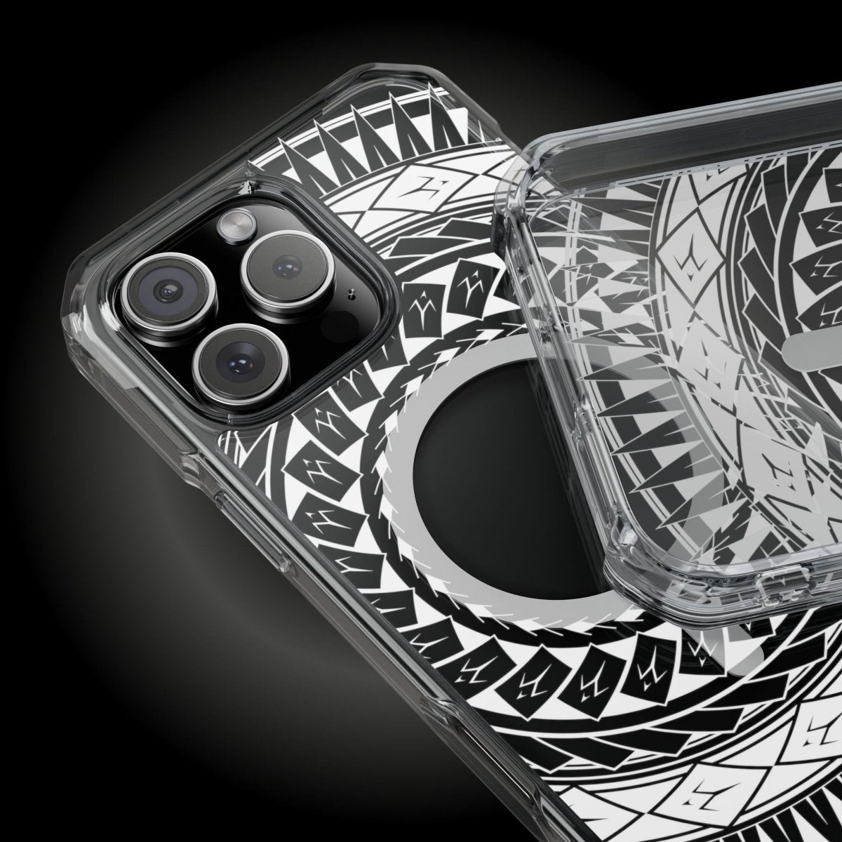 WOYC PasifikaOne MagSafe clear case for iPhone 16 featuring Samoan spear design, transparent protective Magsafe case.