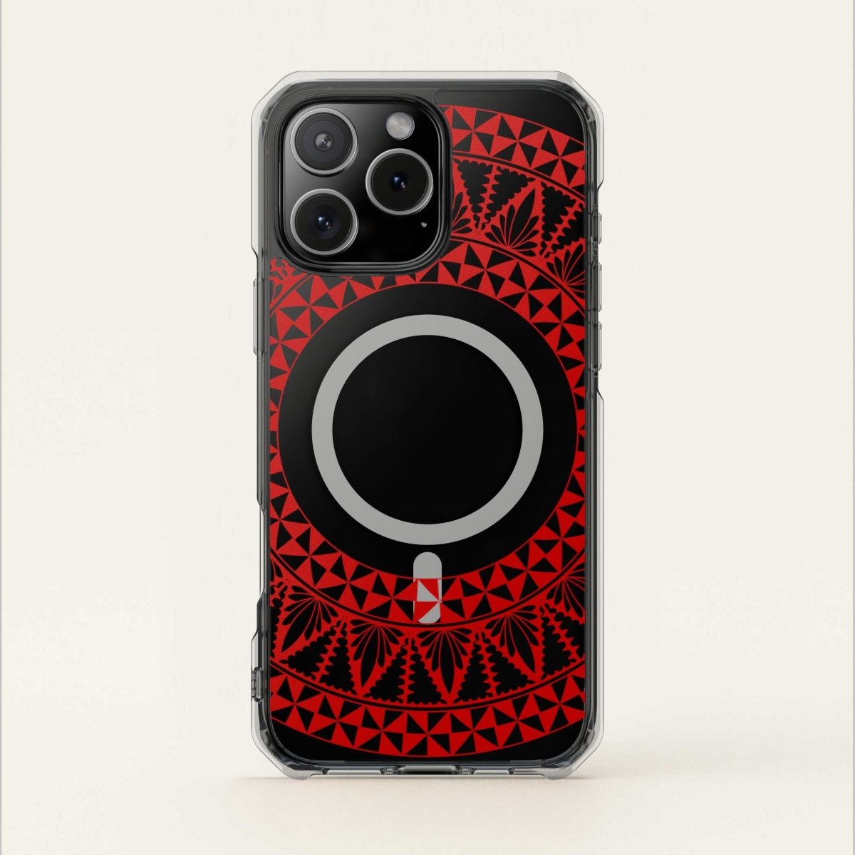 WOYC PasifikaOne MagSafe clear case for iPhone 16 with Tongan Redleaf design, showcases a transparent protective cover.