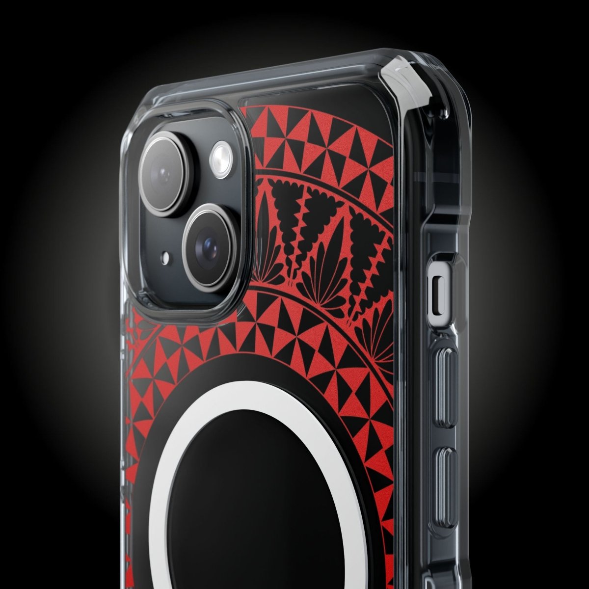 WOYC PasifikaOne MagSafe clear case for iPhone 16 with Tongan Redleaf design, made for AU, NZ, and USA markets.