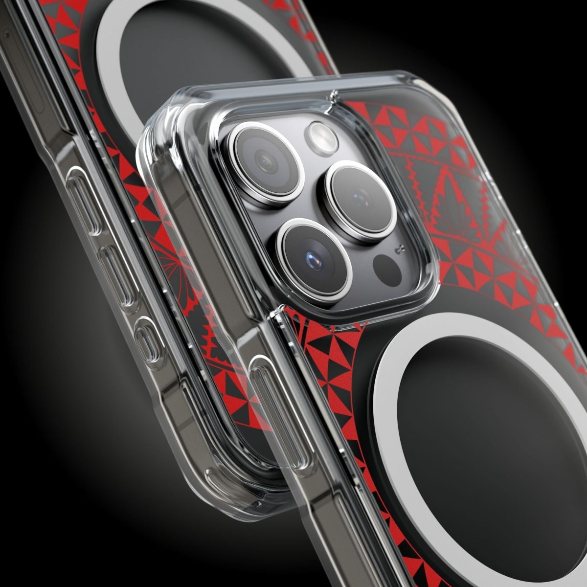 WOYC PasifikaOne MagSafe clear case for iPhone 16 with Tongan Redleaf design, compatible with AU, NZ, and USA models.